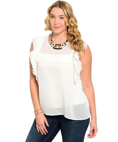 PLUS SIZE 1XL 2XL 3XL Womens Sheer Top C.O.C. White Pleated Ruffles Sleeveless