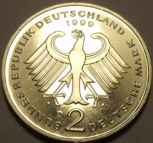 Gem Cameo Proof Germany 1999-D 2 Marks~Ludwig Erhard~Only 70,000 Minted~Free Shi