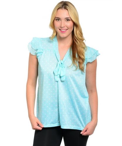 Level Eight Plus Women’s Top Mint Polka Dot Necktie Cap Sleeves Pullover V-Neck