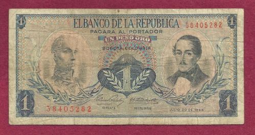 Columbia 1 (Un) Peso Oro 1966 Banknote 38405282 - Rare! -S Bolivar/Gen Santador