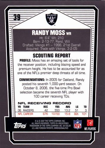 Randy Moss #39 - Raiders 2007 Topps DPP Chrome Silver Refractor Football Trading Card