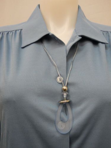 SIZE L Womens Button Down Shirt HABAND Solid Blue Long Sleeve With Necklace