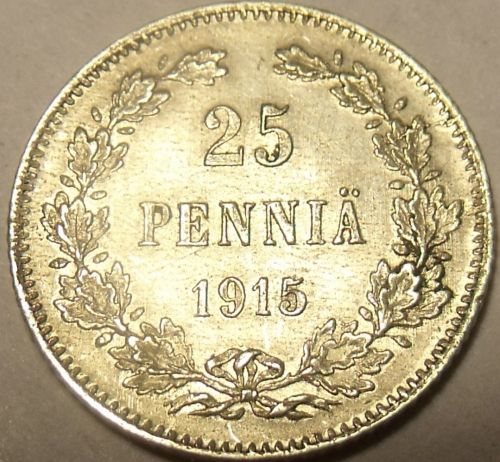 Au/Unc Silver Findland 1915 25 Pennia~See Our Store For Silver Coins~Free Ship