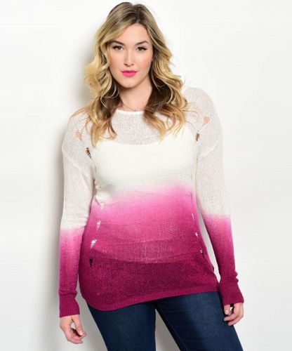 Zenobia Women’s Sweater Plus Size Ombre Tech Printing Distressed Sides Magenta