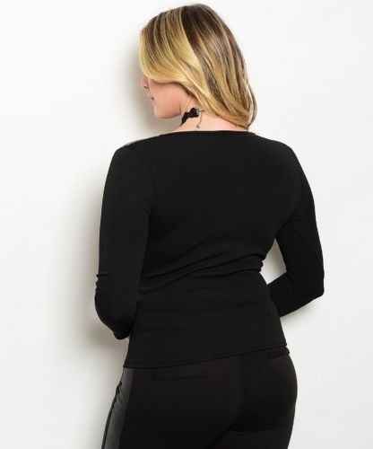 SIZE 1XL 2XL 3XL Womens Knit Top POINT Black Floral Scoop Neck Long Sleeves