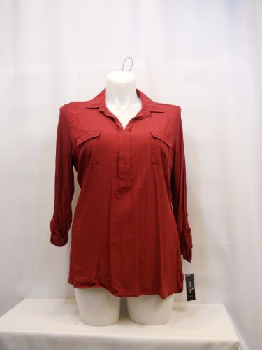 Womens Top Size XL Style & Co Solid Plum Tart Long Tab Sleeves Collared V-Neck