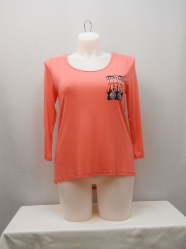 SIZE 2XL Womens Knit Top BELLA Coral Geometric 3/4 Sleeves Pocket Back Insert