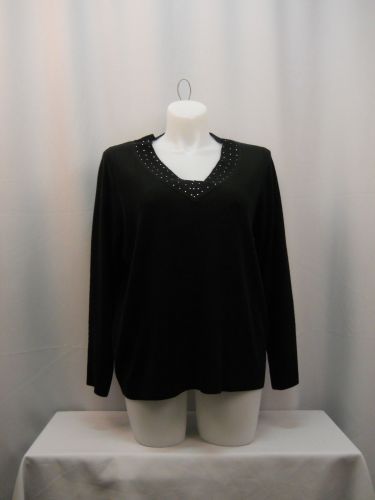 Debbie Morgan Sweater Plus Size 2X Jeweled Solid Black Long Sleeves V-Neck