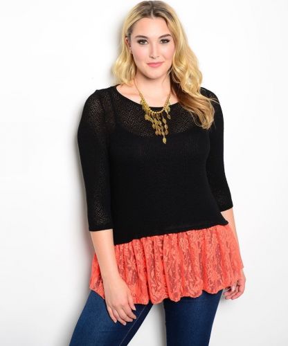 Moa Black 3/4 Sleeves Scoop Neck Orange Lace Bottom Sweater Size 1XL-3XL