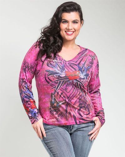 Takoni Pink Jeweled Long Sleeves V-Neck Knit Tops Jr Plus Size 1XL-3XL