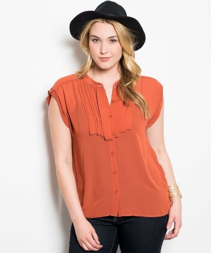 Zenobia Rust Cap Sleeves Stand Collar Sheer Button Down Pleated Top Size XL-3XL