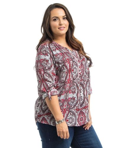 Araza Coral Paisley Long Tab Roll Sleeve Mandarin Stand Up Collar Top Size 1X-3X