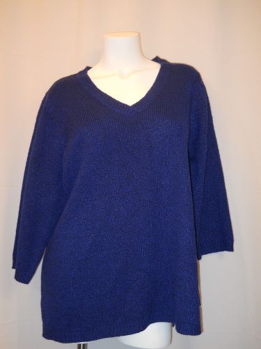 Karen Scott Sweater Plus Size 0X Solid Blue V-Neck 3/4 Sleeves Tunic Med Knit