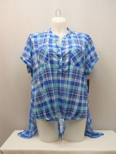 French Laundry Womens Long Shirt Tail Top Plus Size 2X Sheer Back Blue Plaid Tie