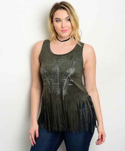 Libian Missy Top Size 1X-3X Wild Spirit Feather Decal Olive Green Fringed Hem