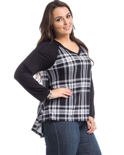 Hot Ginger Black Plaid Long Sleeves Hooded V-Neck Pullover Knit Top Size 1XL-3XL