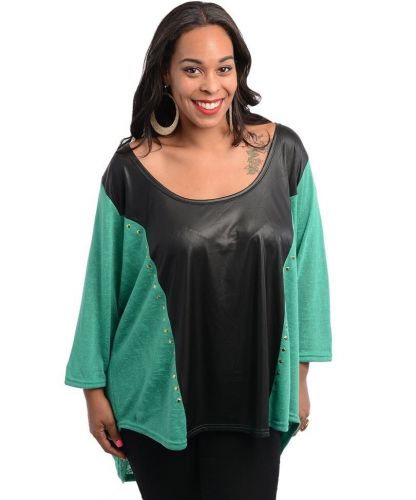 2BME Green/Black Studded Front Scoop Neck 3/4 Sleeves Knit Top Size 1X-3X