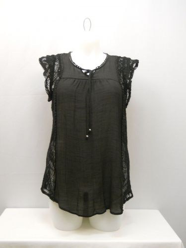 SIZE XL Womens Gauze Tunic Top NO BOUNDARIES Solid Black Lace Sides Cap Sleeves