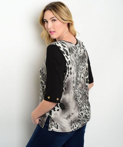Essential Women&rsquo;s Tunic Knit Top Plus Size 1XL-3XL Glitter Gray Animal Print