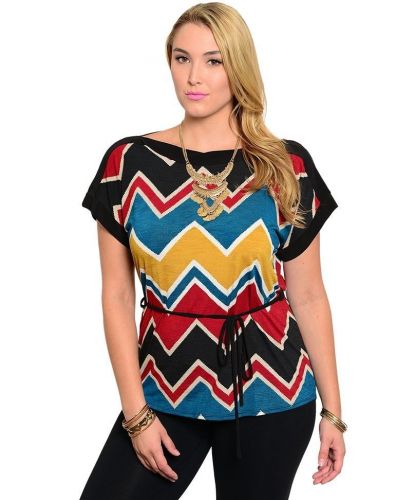 PLUS SIZE 2X 3X Women Top LIBIAN Chevron Multi Color Kimono Sleeve Boat Neck