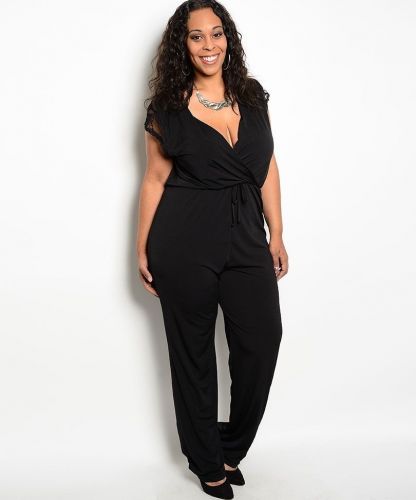 PLUS SIZE 2X Womens Jumpsuit H.B.G.B. Black Wrap Lace Cap Sleeves Straight Legs