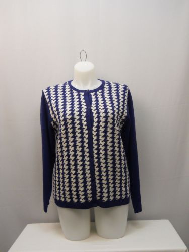 SIZE L Womens Button Front Cardigan HABAND Blue Geometric Long Sleeves Crewneck