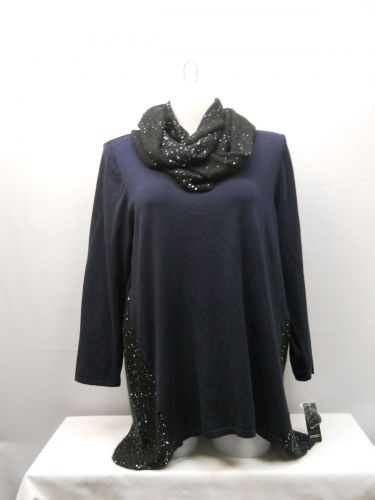 PLUS SZIE 2X Womens Sweater Scarf Set STYLE&CO Navy Sequins Asymmetrical Hem