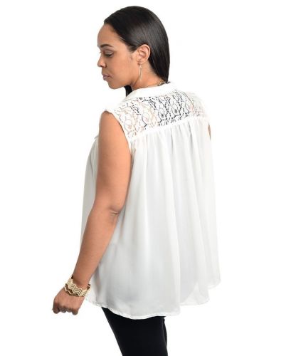 PLUS SIZE 1X-3X Top DILA Lace Yoke White Sleeveless Collar Neck Babydoll Sheer