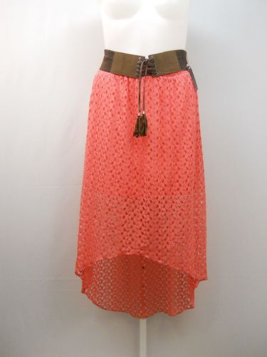 SIZE XL Womens Bohemian Asymmetrical Skirt NO BOUNDARIES Solid Coral Laced Belt