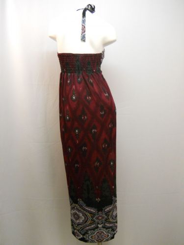 Burgundy Paisley Beaded Cocktail Sexy Full Length 65% Silk Halter Dress Size XL