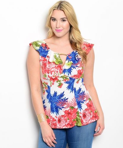 SIZE 1XL-3XL Womens Top VIVA YOU Floral Sleeveless Ruffled Neck Empire Waist