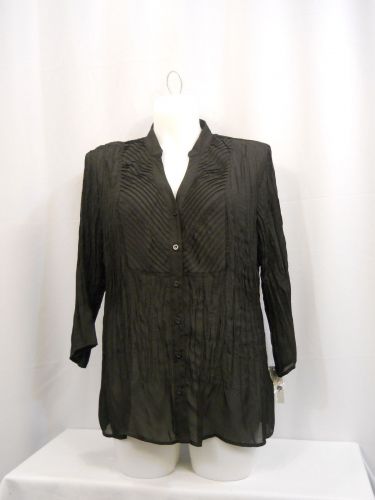 NY Collection Top Plus Size 3X Black Crinkle Fabric 3/4 Sleeves Button Closure