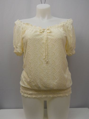 No Boundaries Women’s Lace Peasant Top Size XL Ivory Short Puff Sleeves Elastic