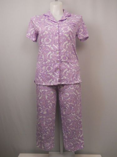 SIZE M Women 2PC PJ Set SECRET TREASURES Lilac Paisley Notch Collar Cropped Pant