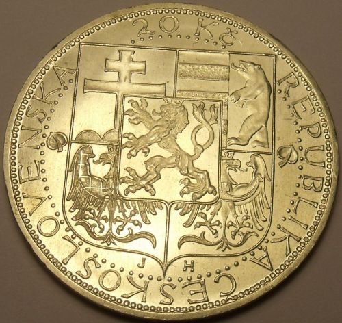 Unc Silver Czechoslovakia 1937 20 Kronun~Death Of President Masaryk~Free Ship