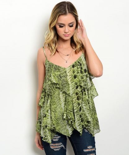 Ark & Co. Top Misses Size S-L Bohemian Gypsy Boho Handkerchief Hem Animal Green