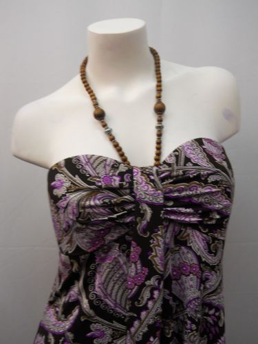 R&M Richards Women’s Empire Halter Dress Size 12 Plum Paisley Print Beaded Ties