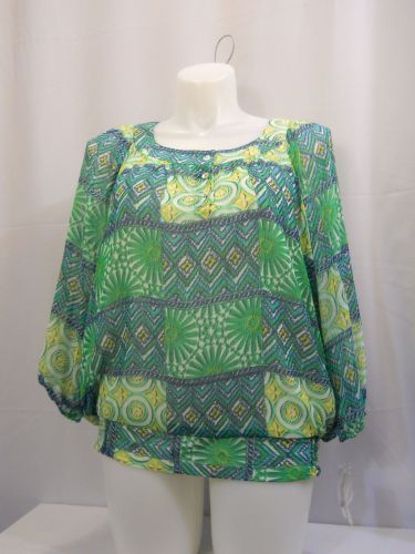 SIZE 20 Top ALFRED DUNNER Green 3/4 Sleeves 3 Button Scoop Neck Geometric Career