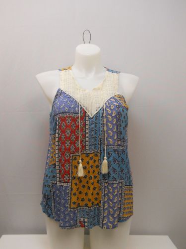 SIZE 2XL Womens Woven Tank Top NO BOUNDARIES Paisley Crocheted Lace Yoke Tassels