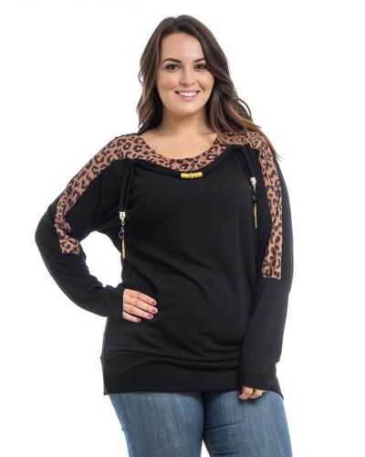 Dila Women’s Top Plus Size 1X-3X Black Cheetah Trim Dolman Sleeves Knit Pullover