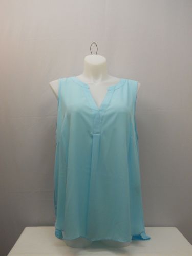 PLUS SIZE 3X Women Tunic Top ZAC & RACHEL Solid Aqua Sea Pleated Back Split Neck