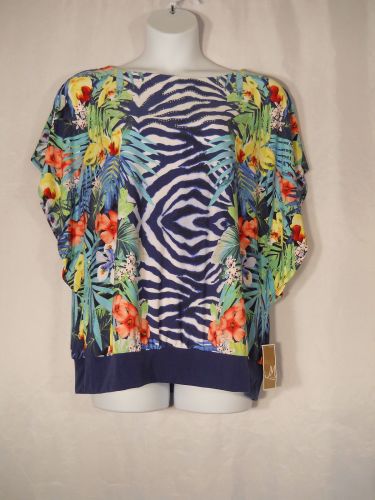 JM Collection Blue Floral Boat Neck Batwing Sleeves Blouse Plus Size 0x 2x