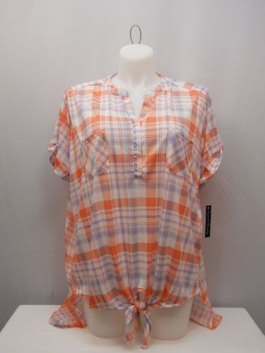 PLUS SIZE 3X 22W 24W Womens Top FRENCH LAUNDRY Plaid Hi Lo Hem Short Sleeves