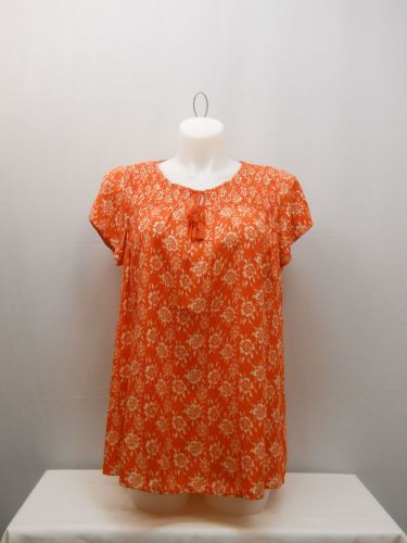 SIZE XL Womens Tunic Smocked Peasant Top FADED GLORY Orange Floral Short Sleeves