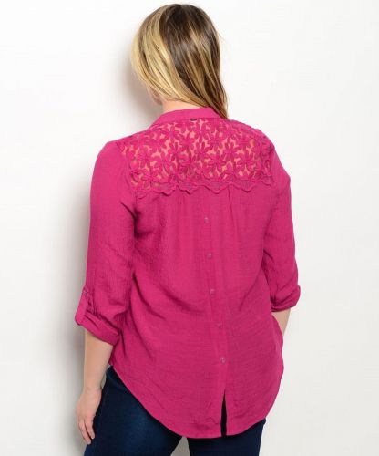 Women’s Button Down Shirt Plus Size 1XL-3XL MINE TOO Solid Magenta Lace Trim