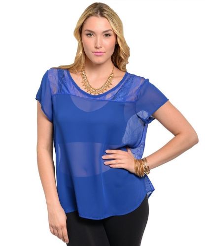 PLUS SIZE 1XL 2XL 3XL Womens Sheer Top BLUE NOTE Solid Blue Lace Back Yoke Scoop