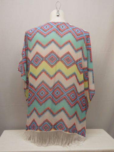 Op Women’s Swimsuit Cover Up Wrap Size L Sheer Zigzag Kimono Sleeves Fringed