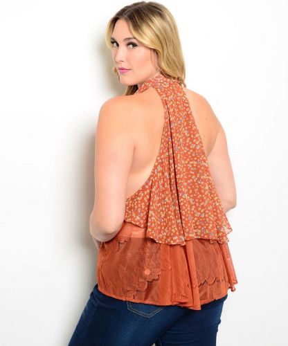 Zenobia Women’s Button Shirt Plus Size 1XL-3XL Rust Floral & Lace Plunging Sides