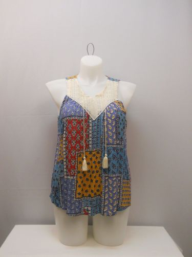 SIZE 2XL Womens Woven Tank Top NO BOUNDARIES Paisley Crocheted Lace Yoke Tassels