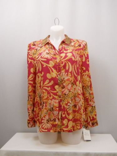 SIZE 14 18 Womens Button Down Shirt JM COLLECTION Floral Long Sleeves Sequin Col